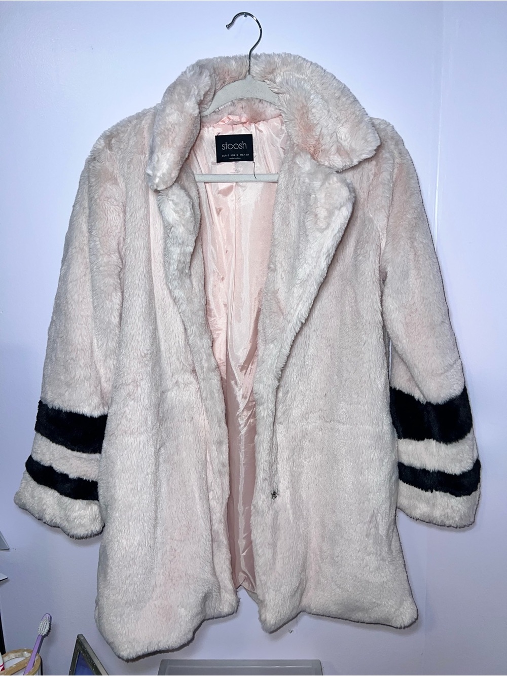 Fashion Nova Light Pink Faux Fur Pea Coat with Black Sleeve Stripes